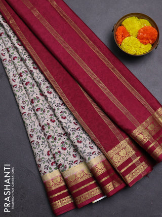 Cream & Maroon Semi Mysore Silk Saree - Prints