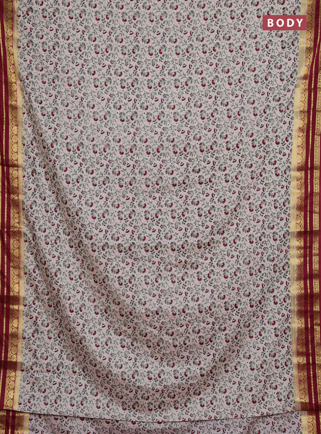 Cream & Maroon Semi Mysore Silk Saree - Prints