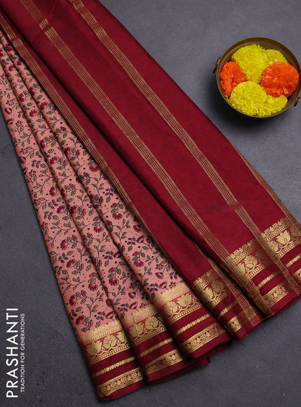 Peach & Maroon Semi Mysore Silk Saree - Prints