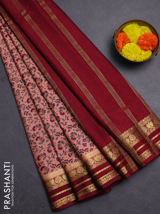 Peach & Maroon Semi Mysore Silk Saree - Prints