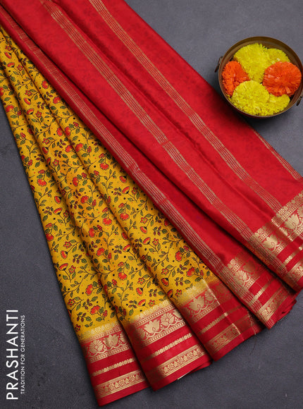 Yellow & Red Semi Mysore Silk Saree - Prints