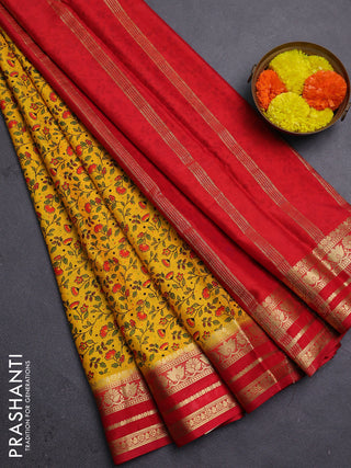 Yellow & Red Semi Mysore Silk Saree - Prints