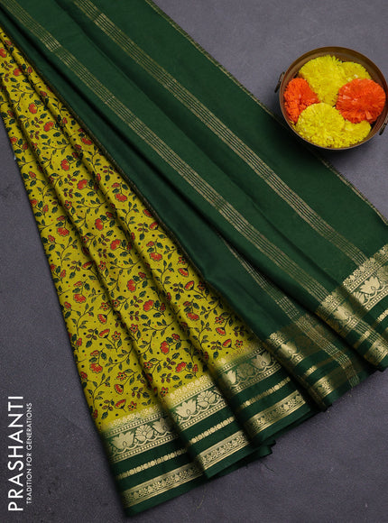 Lime Green & Green Semi Mysore Silk Saree - Prints