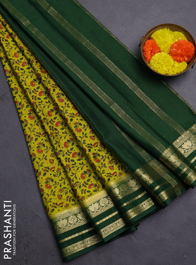 Lime Green & Green Semi Mysore Silk Saree - Prints