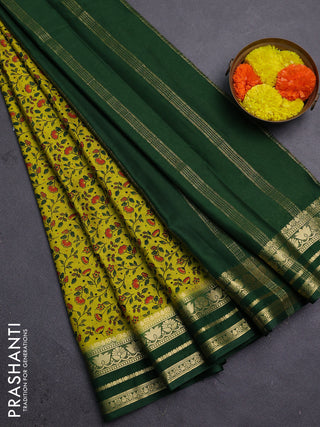 Lime Green & Green Semi Mysore Silk Saree - Prints