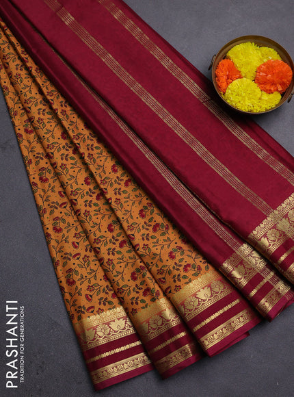 Peach & Maroon Semi Mysore Silk Saree - Prints