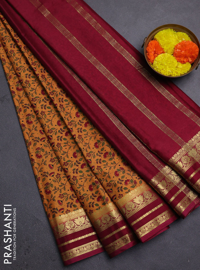 Peach & Maroon Semi Mysore Silk Saree - Prints