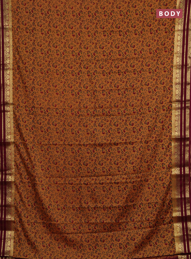 Peach & Maroon Semi Mysore Silk Saree - Prints