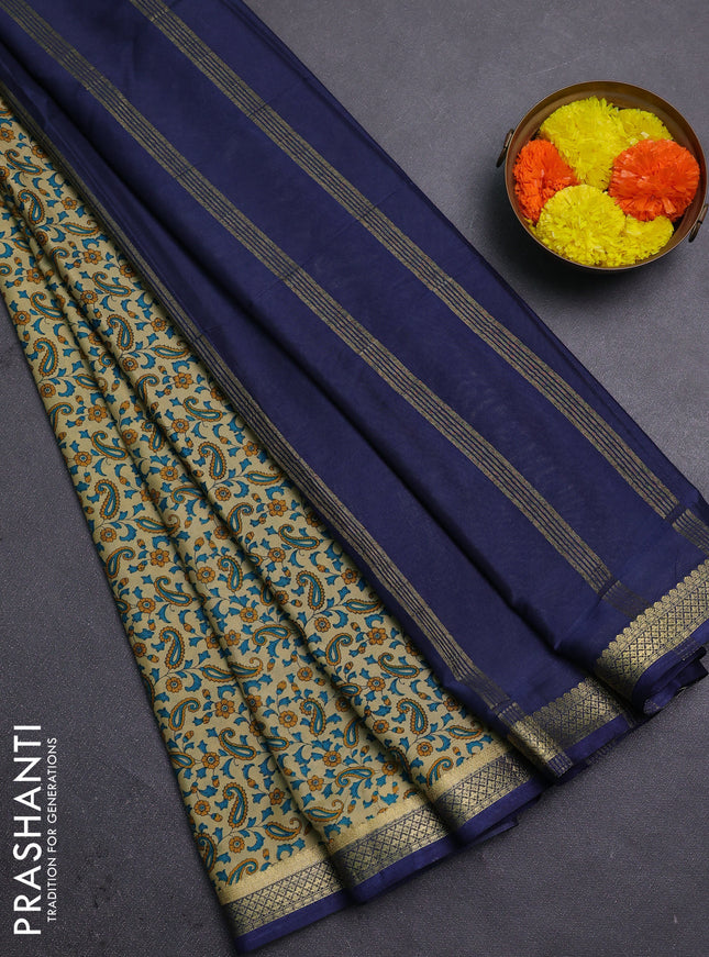 Beige & Blue Semi Mysore Silk Saree - Prints