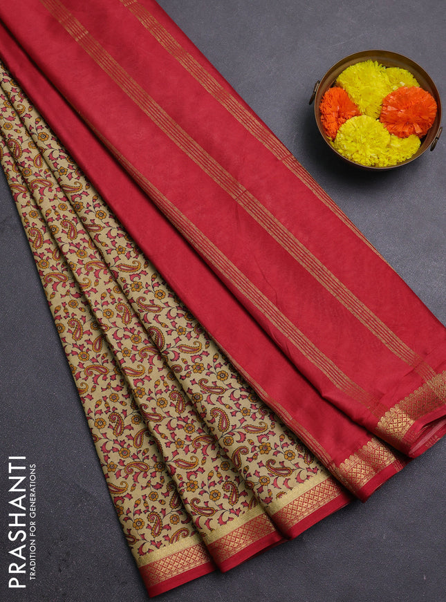 Beige & Red Semi Mysore Silk Saree - Prints