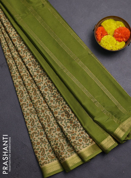 Beige & Green Semi Mysore Silk Saree - Prints