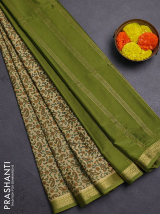 Beige & Green Semi Mysore Silk Saree - Prints