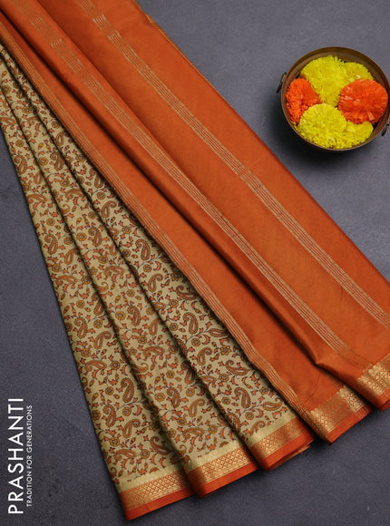 Beige & Orange Semi Mysore Silk Saree - Prints