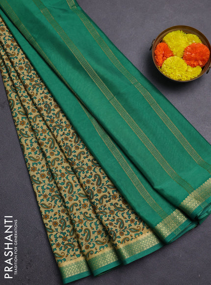 Beige & Green Semi Mysore Silk Saree - Prints