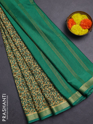 Beige & Green Semi Mysore Silk Saree - Prints