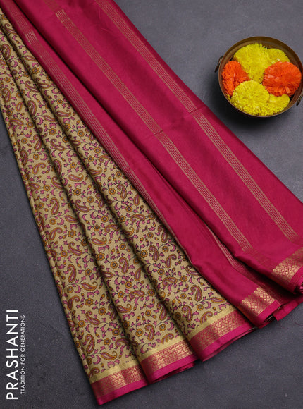 Beige & Pink Semi Mysore Silk Saree - Prints