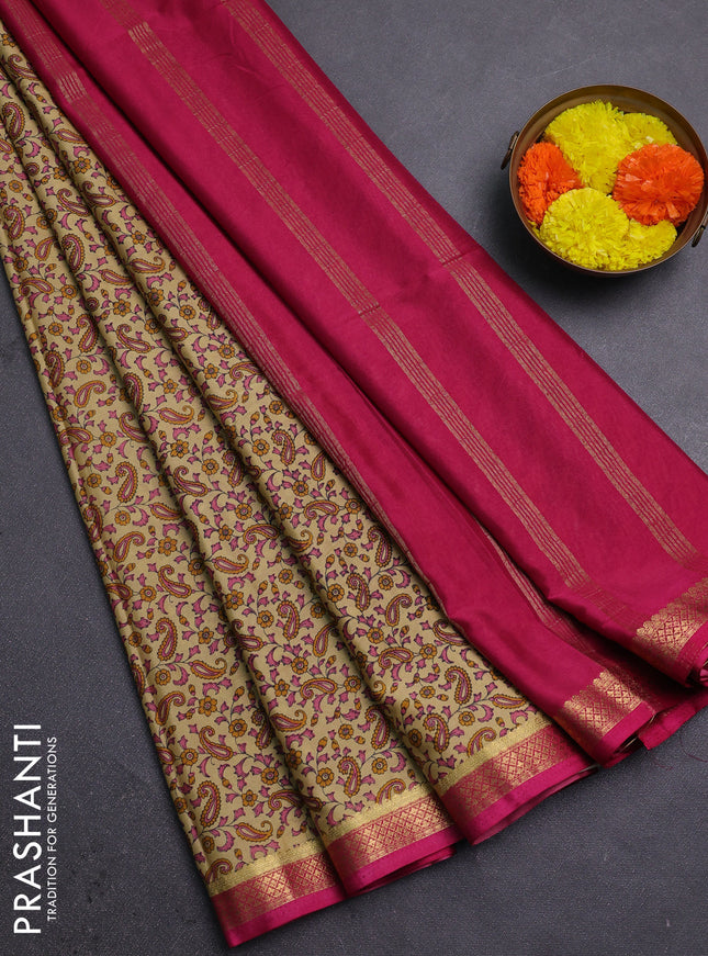 Beige & Pink Semi Mysore Silk Saree - Prints