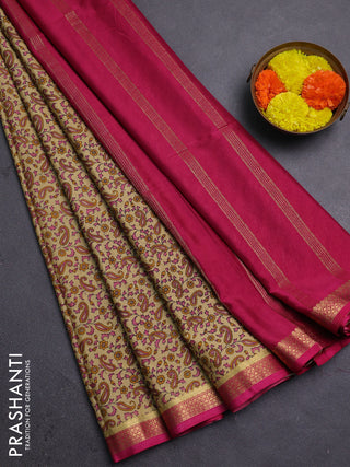 Beige & Pink Semi Mysore Silk Saree - Prints