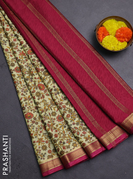 Pale Yellow & Maroon Semi Mysore Silk Saree - Prints