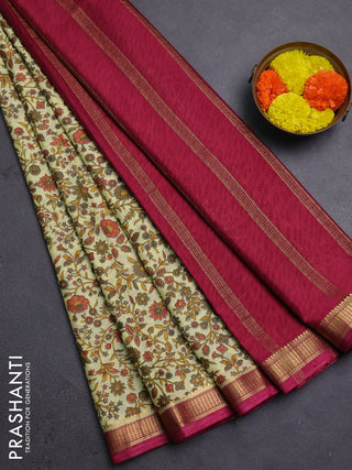 Pale Yellow & Maroon Semi Mysore Silk Saree - Prints