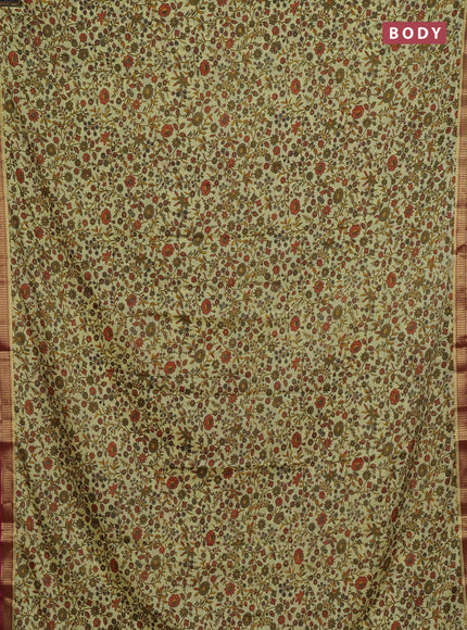 Pale Yellow & Maroon Semi Mysore Silk Saree - Prints