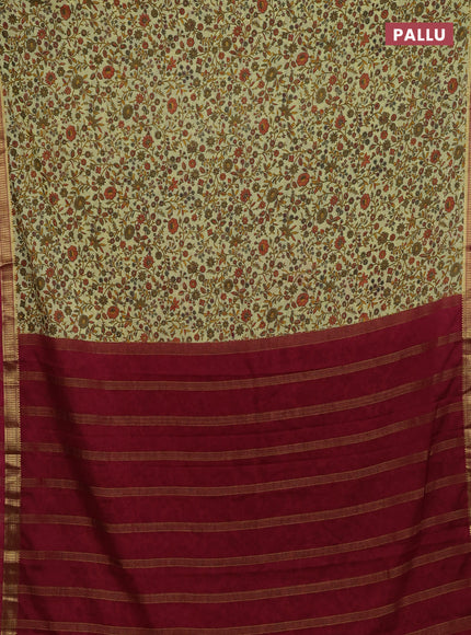 Pale Yellow & Maroon Semi Mysore Silk Saree - Prints
