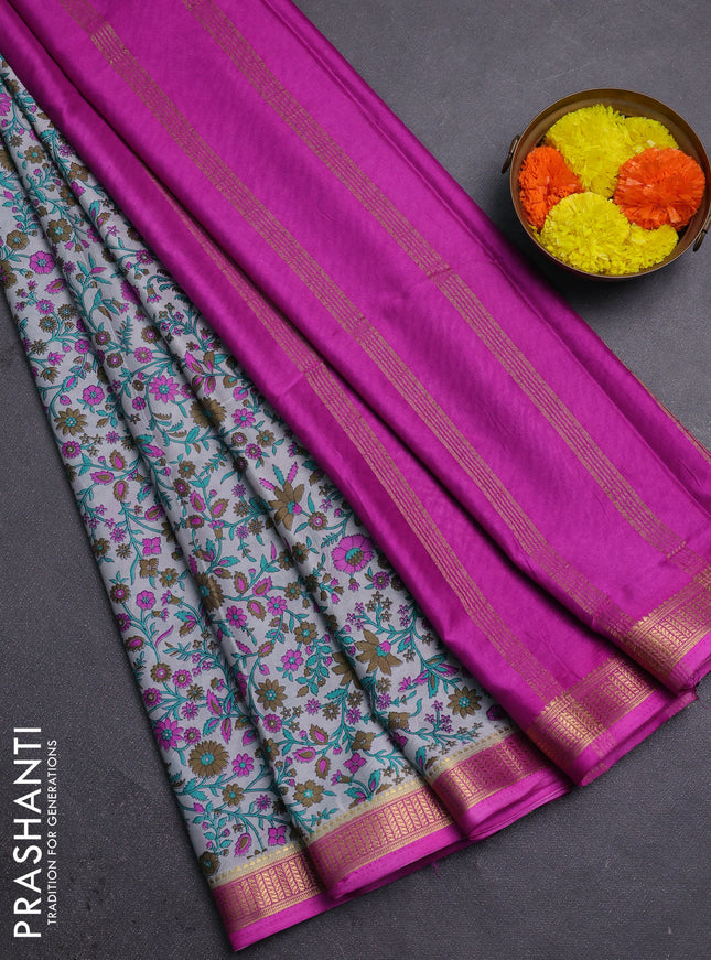 Grey & Pink Semi Mysore Silk Saree - Prints