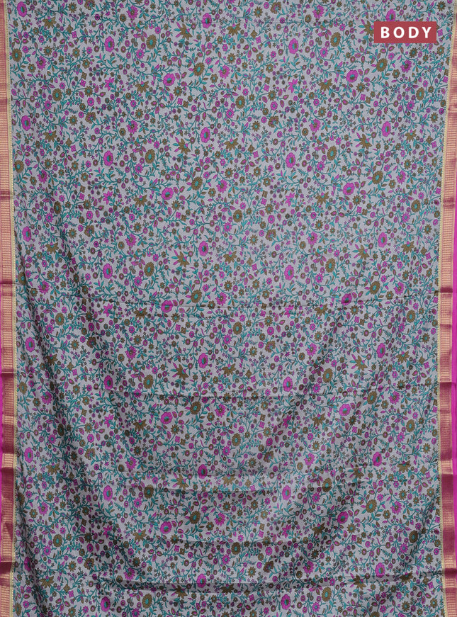Grey & Pink Semi Mysore Silk Saree - Prints