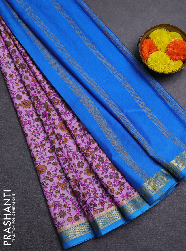 Lotus Pink & Cs Blue Semi Mysore Silk Saree - Prints