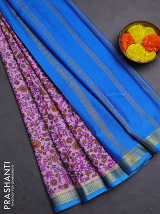 Lotus Pink & Cs Blue Semi Mysore Silk Saree - Prints