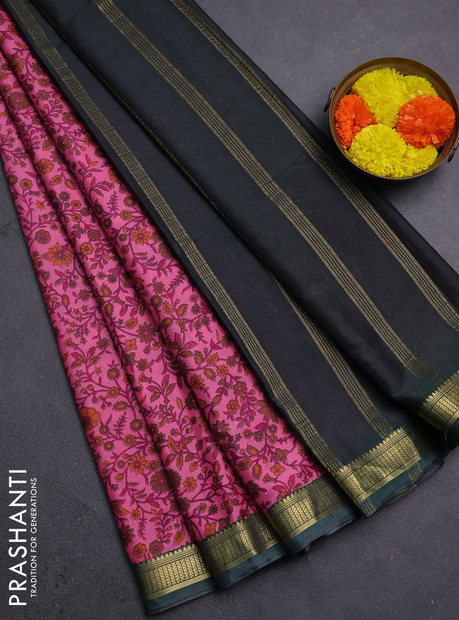 Peach Pink & Bottle Green Semi Mysore Silk Saree - Prints