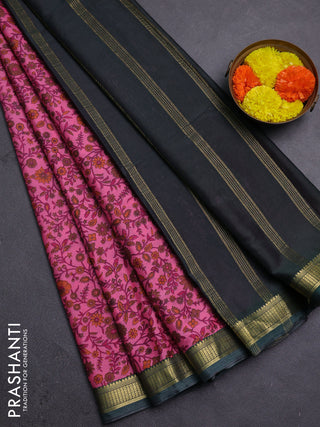 Peach Pink & Bottle Green Semi Mysore Silk Saree - Prints