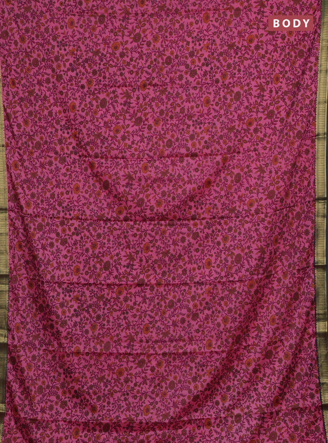 Peach Pink & Bottle Green Semi Mysore Silk Saree - Prints