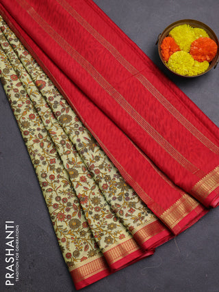 Pale Yellow & Red Semi Mysore Silk Saree - Prints