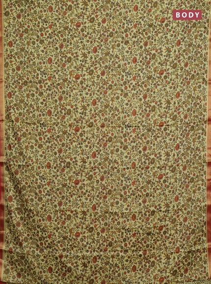 Pale Yellow & Red Semi Mysore Silk Saree - Prints