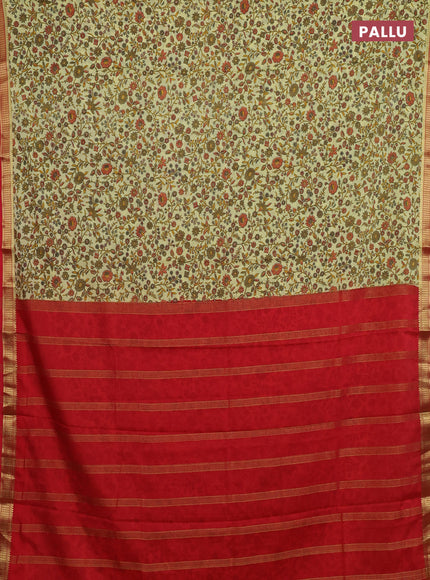 Pale Yellow & Red Semi Mysore Silk Saree - Prints