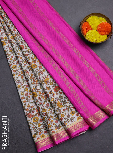 Off White & Pink Semi Mysore Silk Saree - Prints