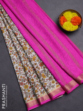 Off White & Pink Semi Mysore Silk Saree - Prints