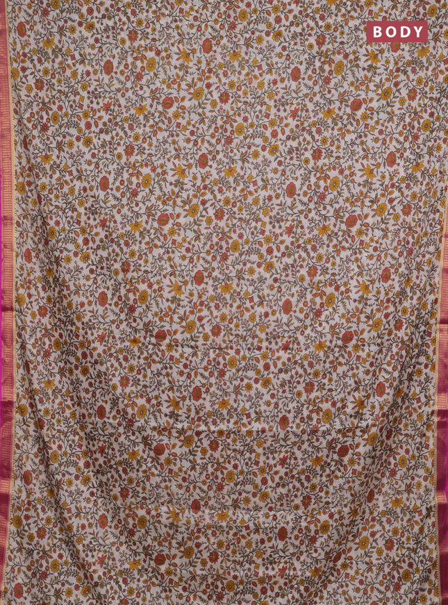 Off White & Pink Semi Mysore Silk Saree - Prints