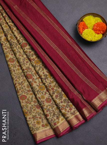 Beige & Maroon Semi Mysore Silk Saree - Prints