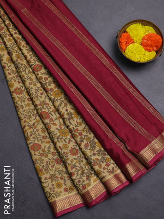 Beige & Maroon Semi Mysore Silk Saree - Prints
