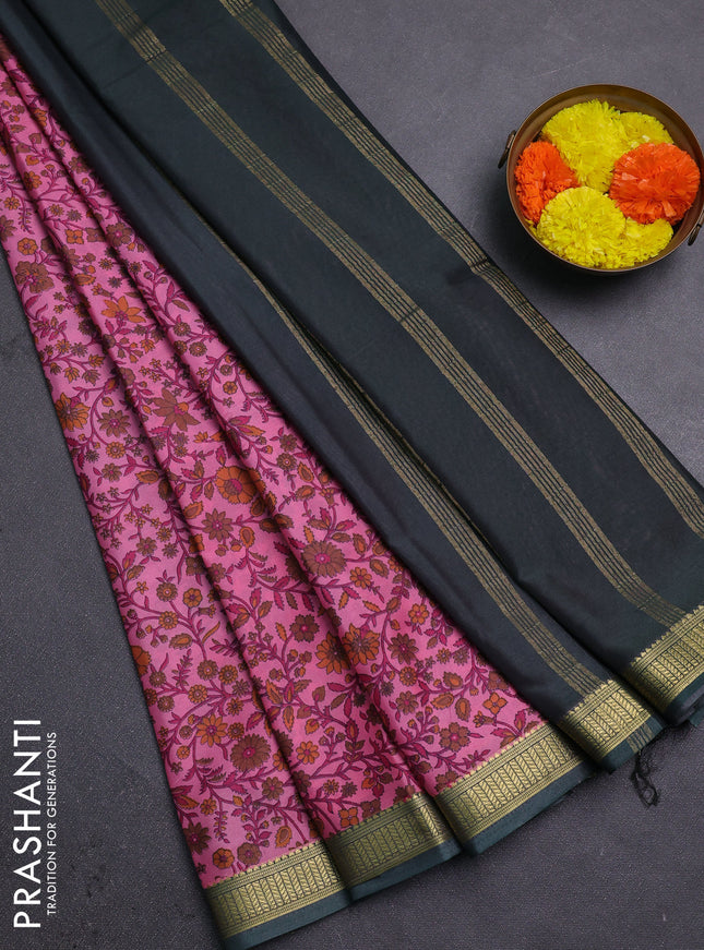 Peach Pink & Bottle Green Semi Mysore Silk Saree - Prints