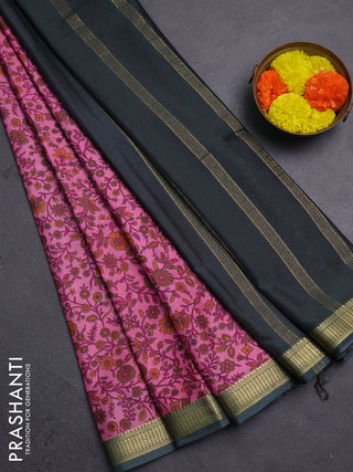 Peach Pink & Bottle Green Semi Mysore Silk Saree - Prints
