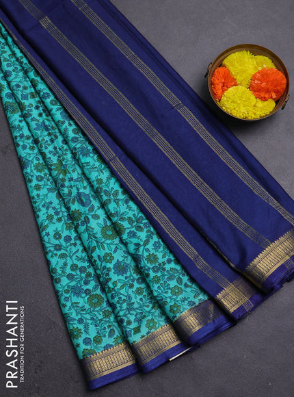 Teal Green & Blue Semi Mysore Silk Saree - Prints