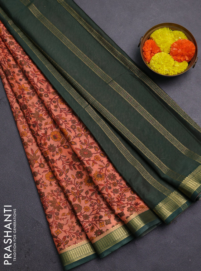 Peach & Green Semi Mysore Silk Saree - Prints