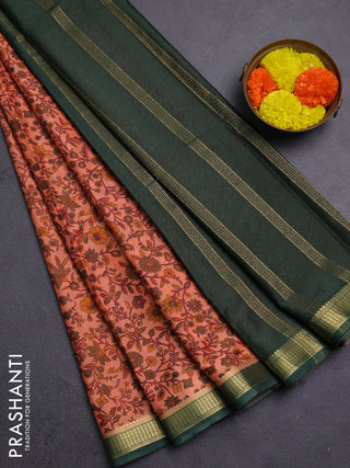 Peach & Green Semi Mysore Silk Saree - Prints