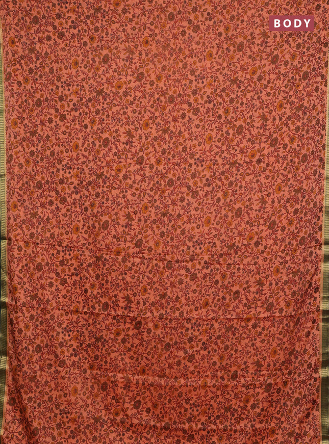 Peach & Green Semi Mysore Silk Saree - Prints