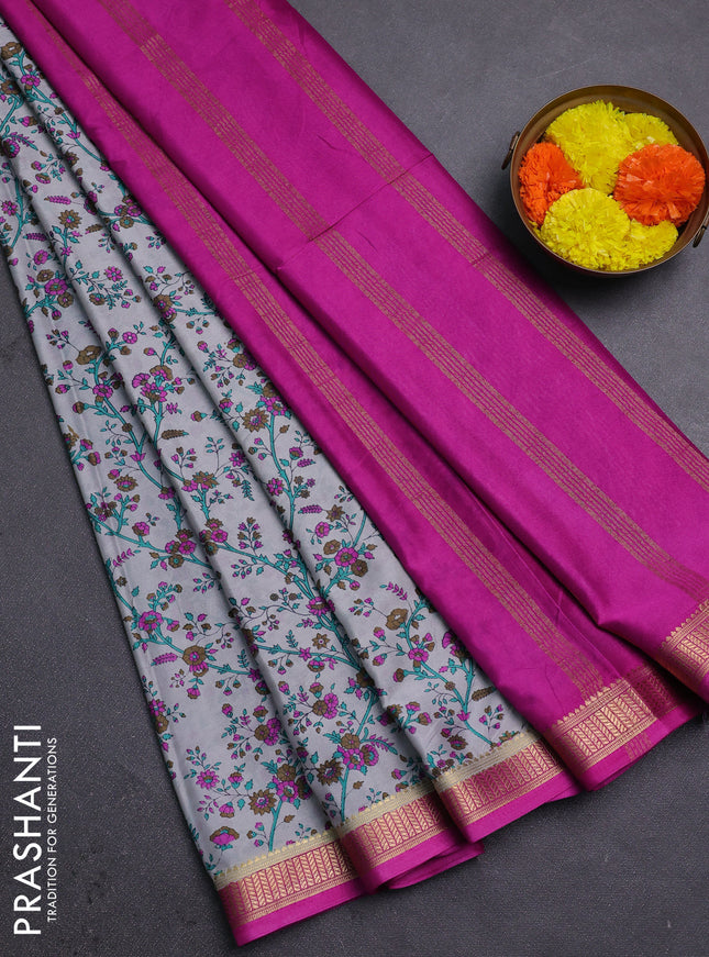 Grey & Pink Semi Mysore Silk Saree - Prints
