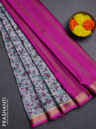 Grey & Pink Semi Mysore Silk Saree - Prints