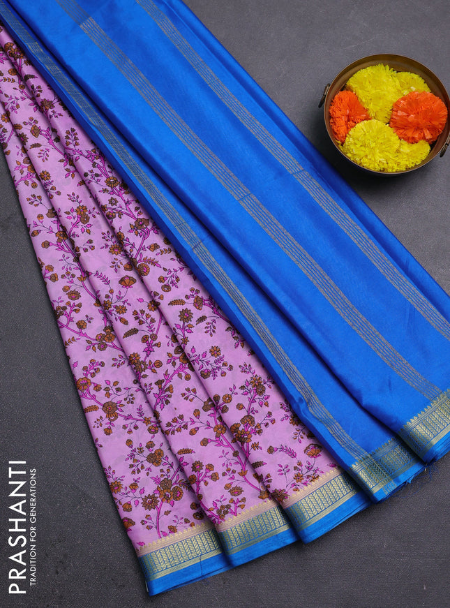 Lotus Pink & Cs Blue Semi Mysore Silk Saree - Prints